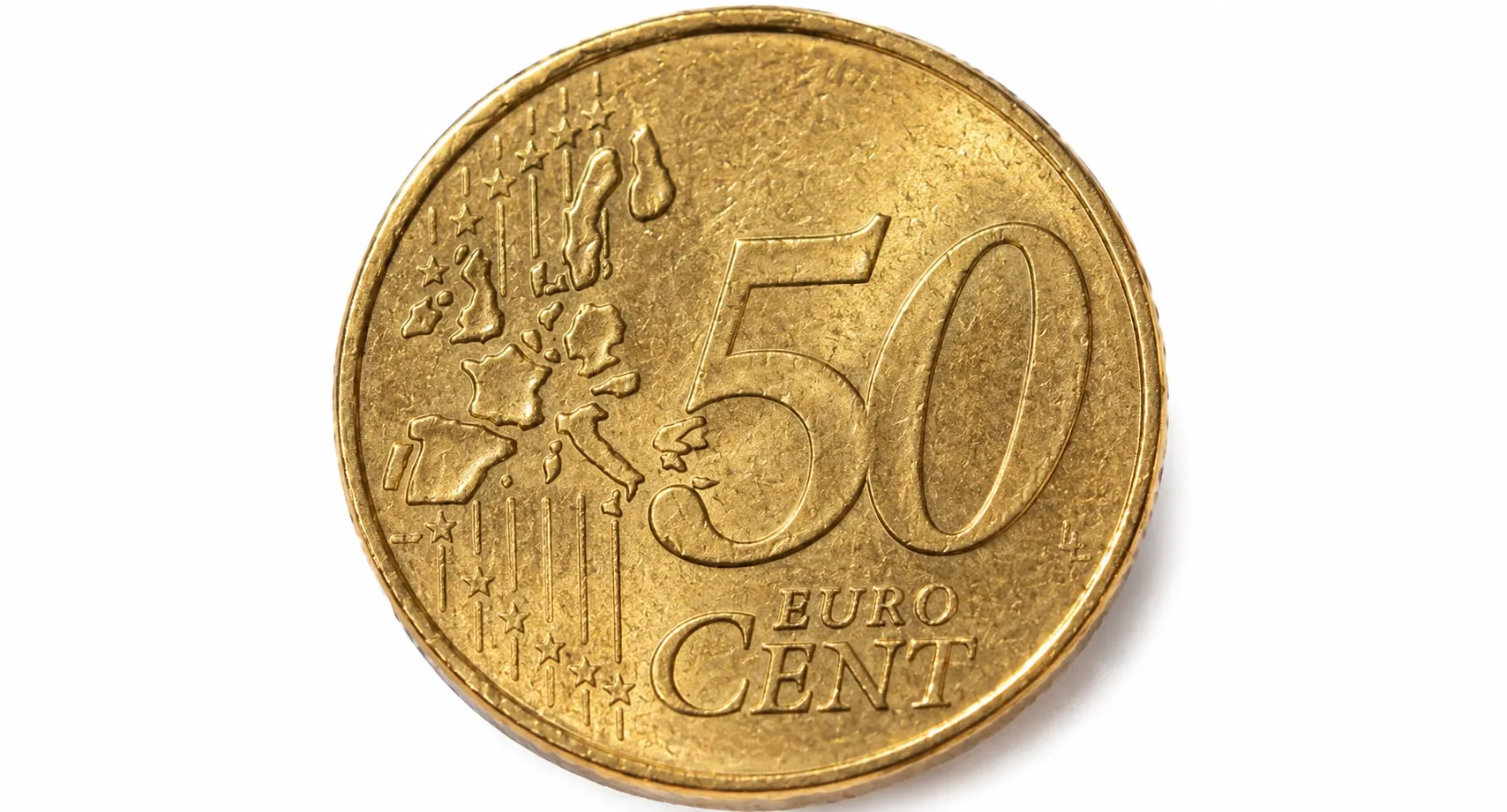 Close-up with directional light emphasizing metallic sheen of a 50 cent euro coin