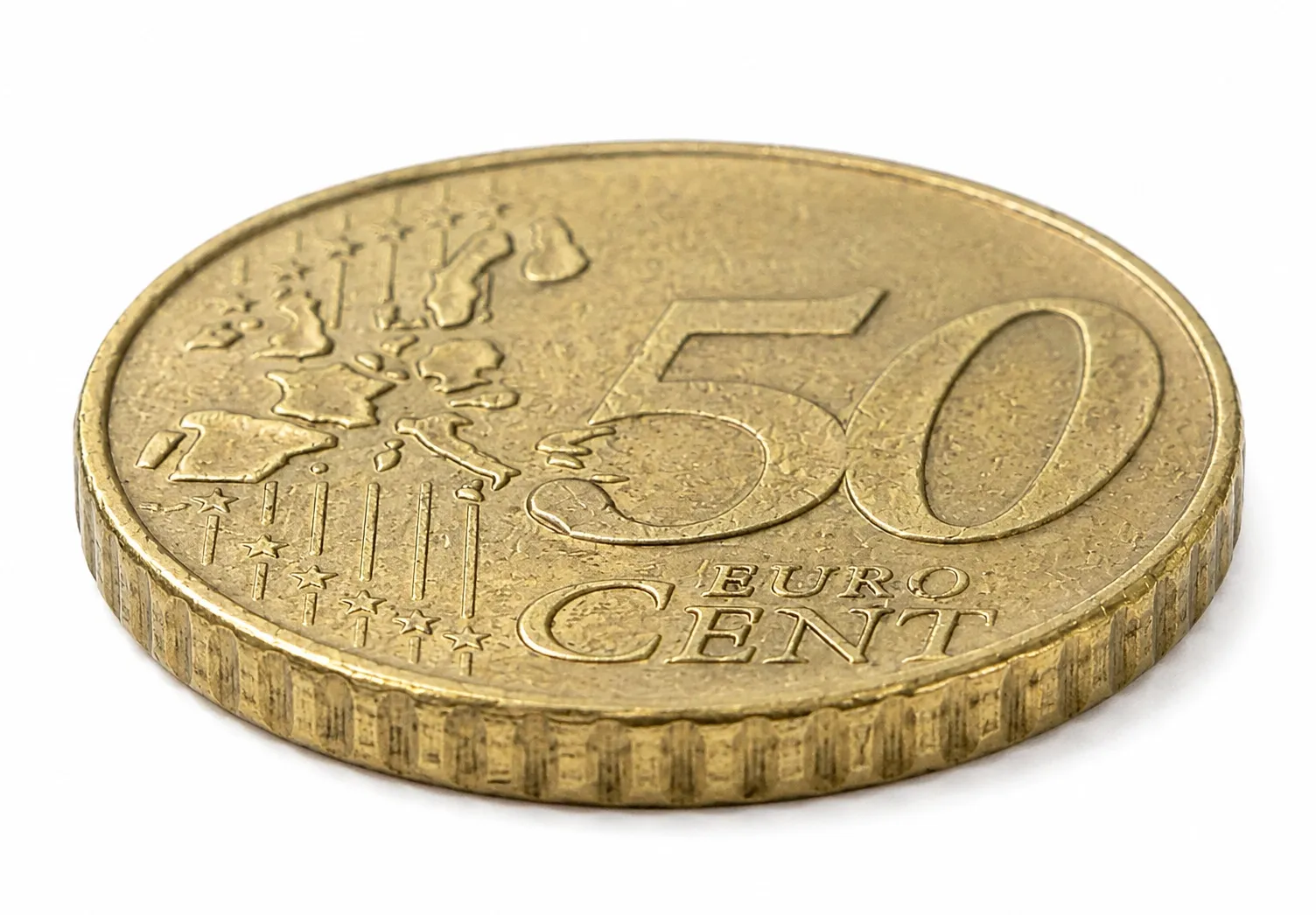Close-up of a 50 cent euro coin with focus on edge ridges and thickness