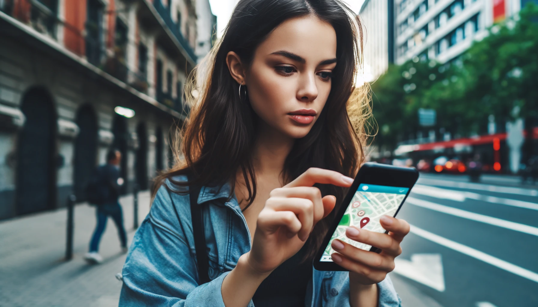 An attractive young woman using a location app on her smartphone