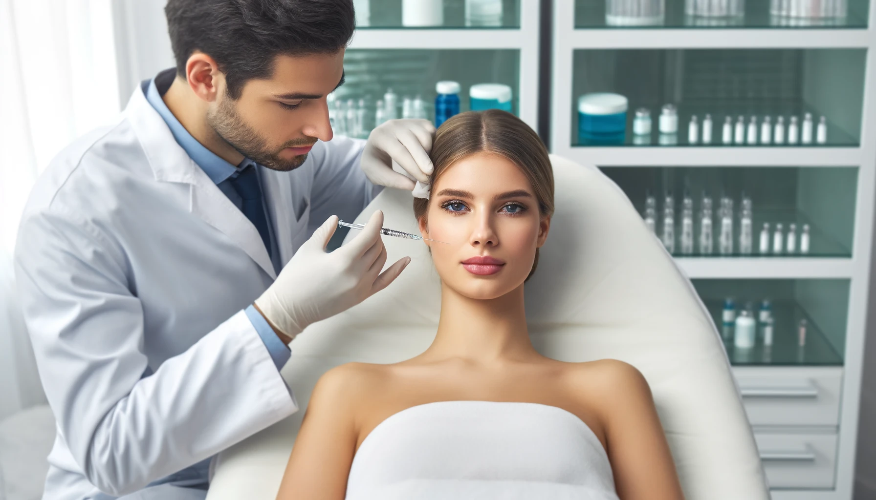 An attractive young woman receiving rejuvenating facial injections at a beauty clinic