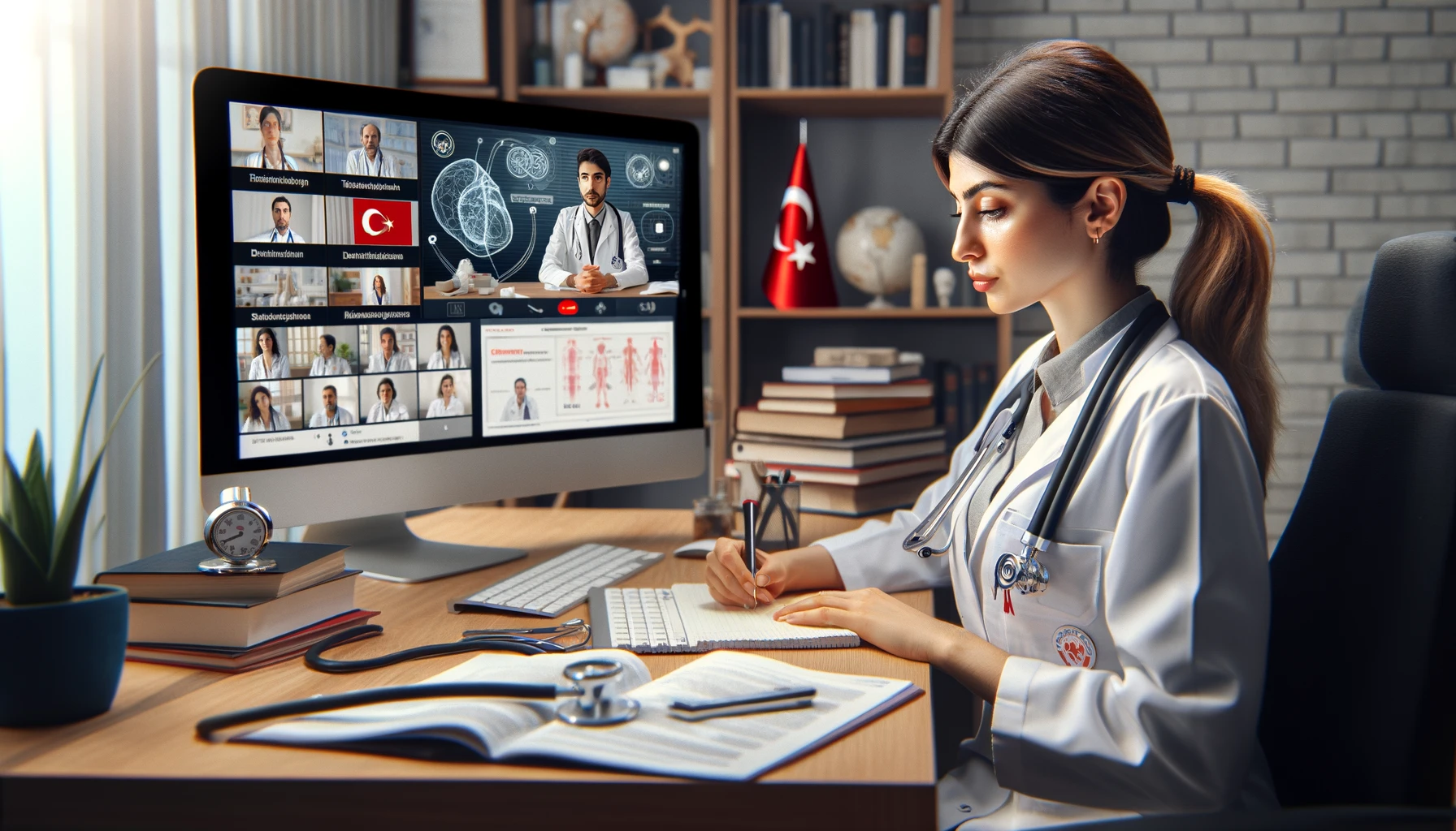 Turkish female doctor participating in an online medical course of nose job in turkey
