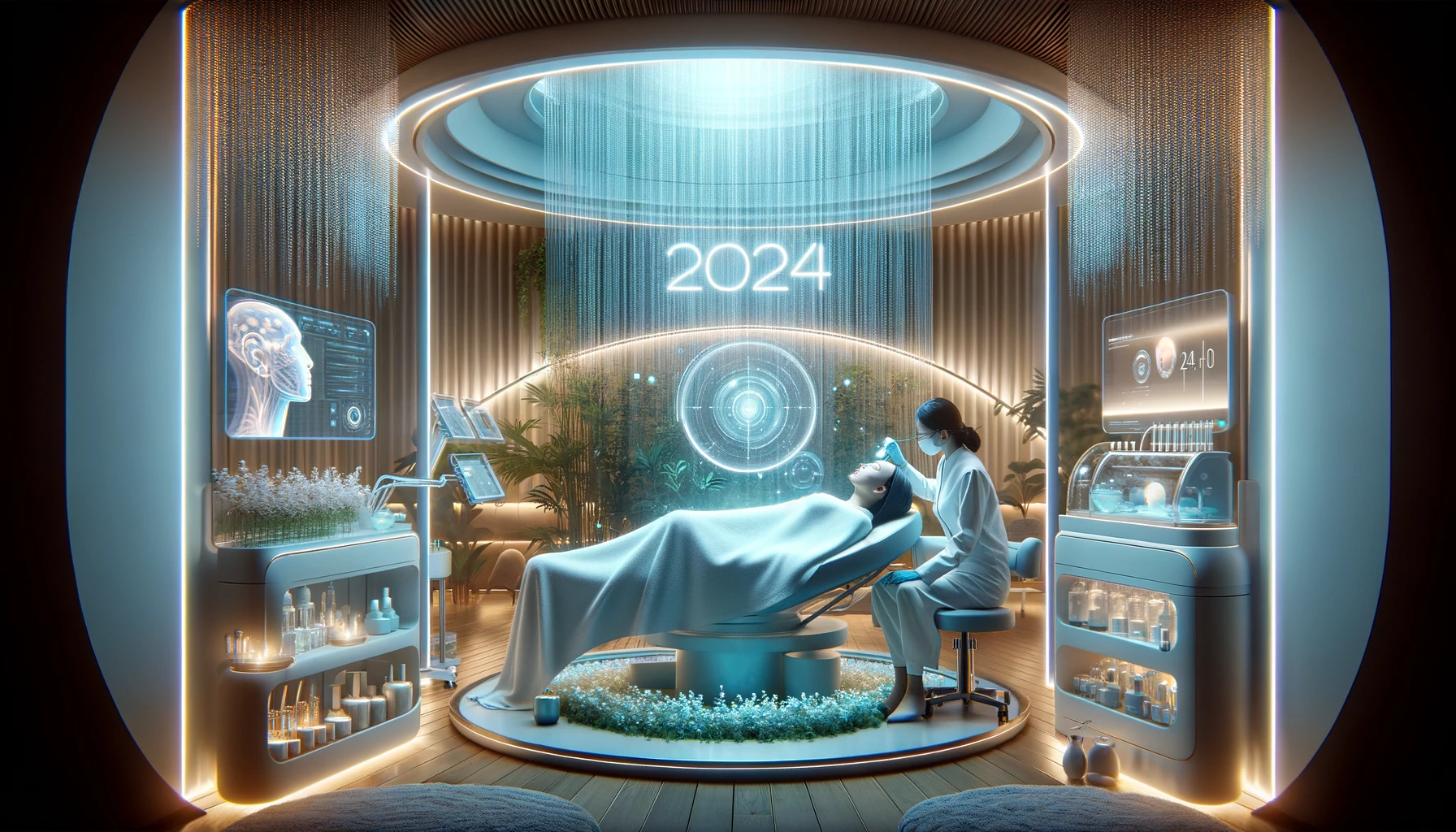 a futuristic aesthetic treatment room in 2024, focusing on the integration of mental wellness and aesthetic care.