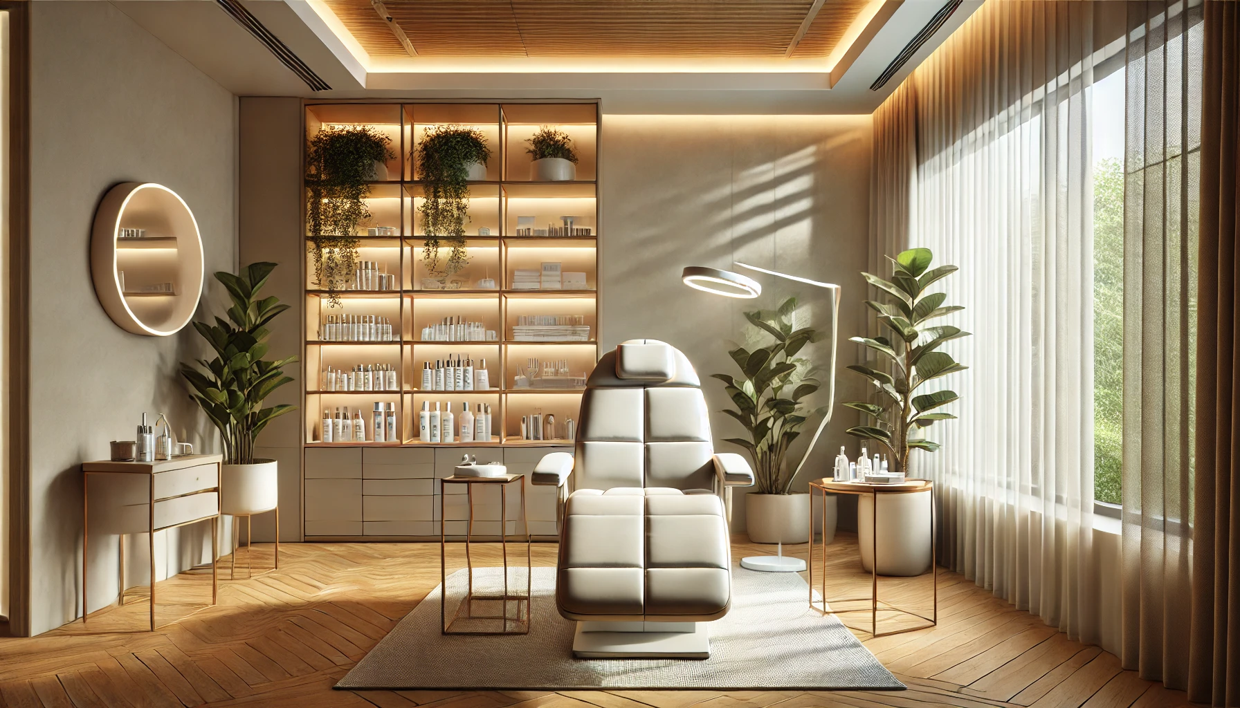 a serene, modern aesthetic treatment room designed with a focus on mental wellness.