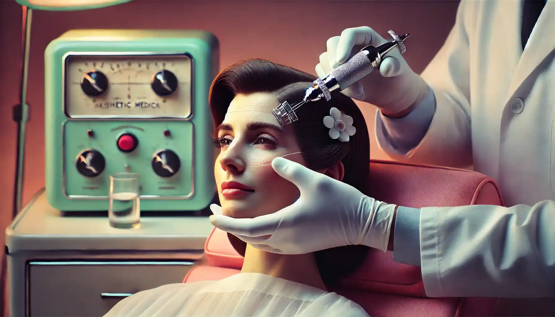 A close-up image of a woman with a classic 1960s hairstyle receiving a beauty treatment.