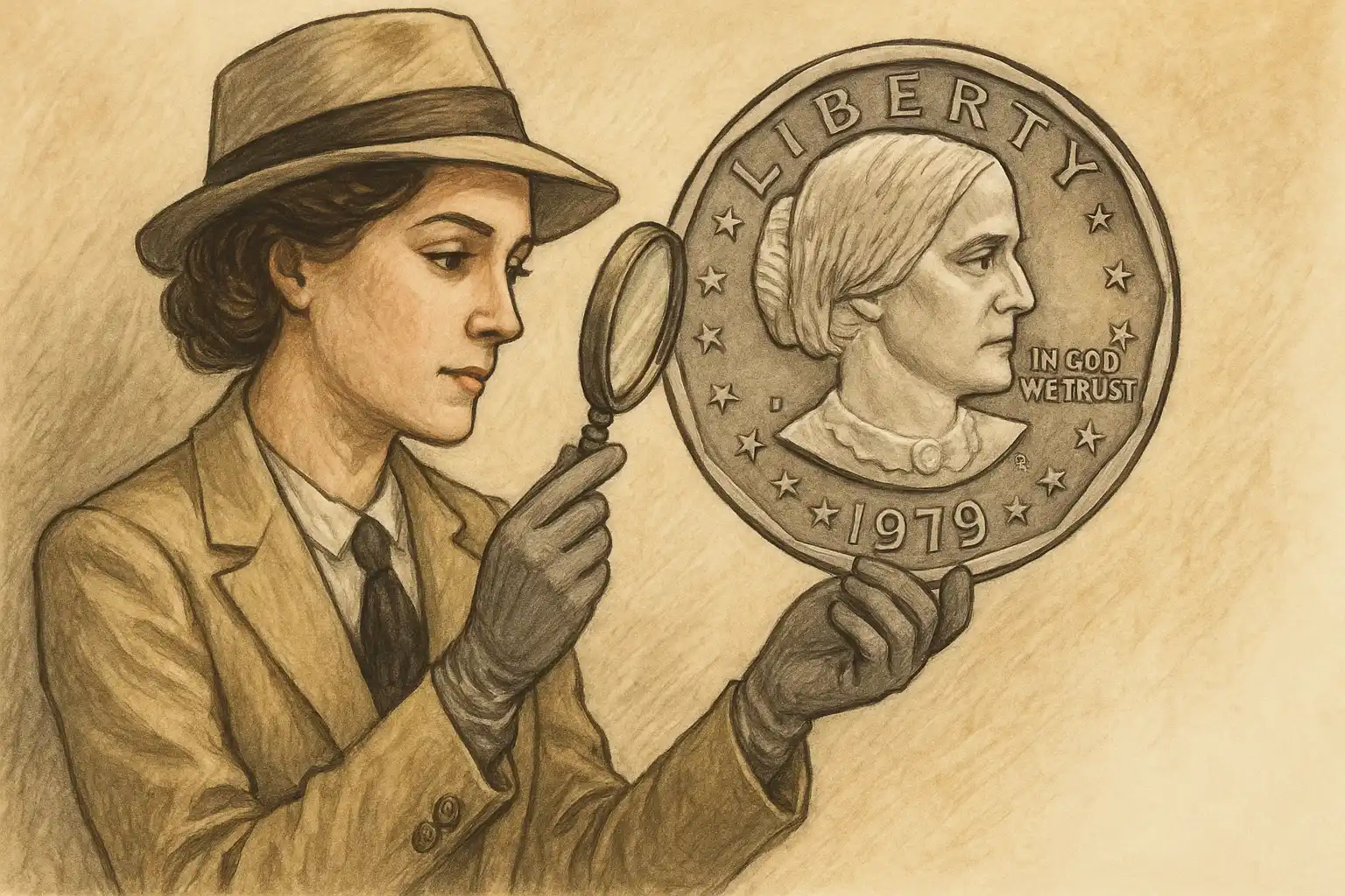 A coin collector in classic clothing holds an SBA dollar.