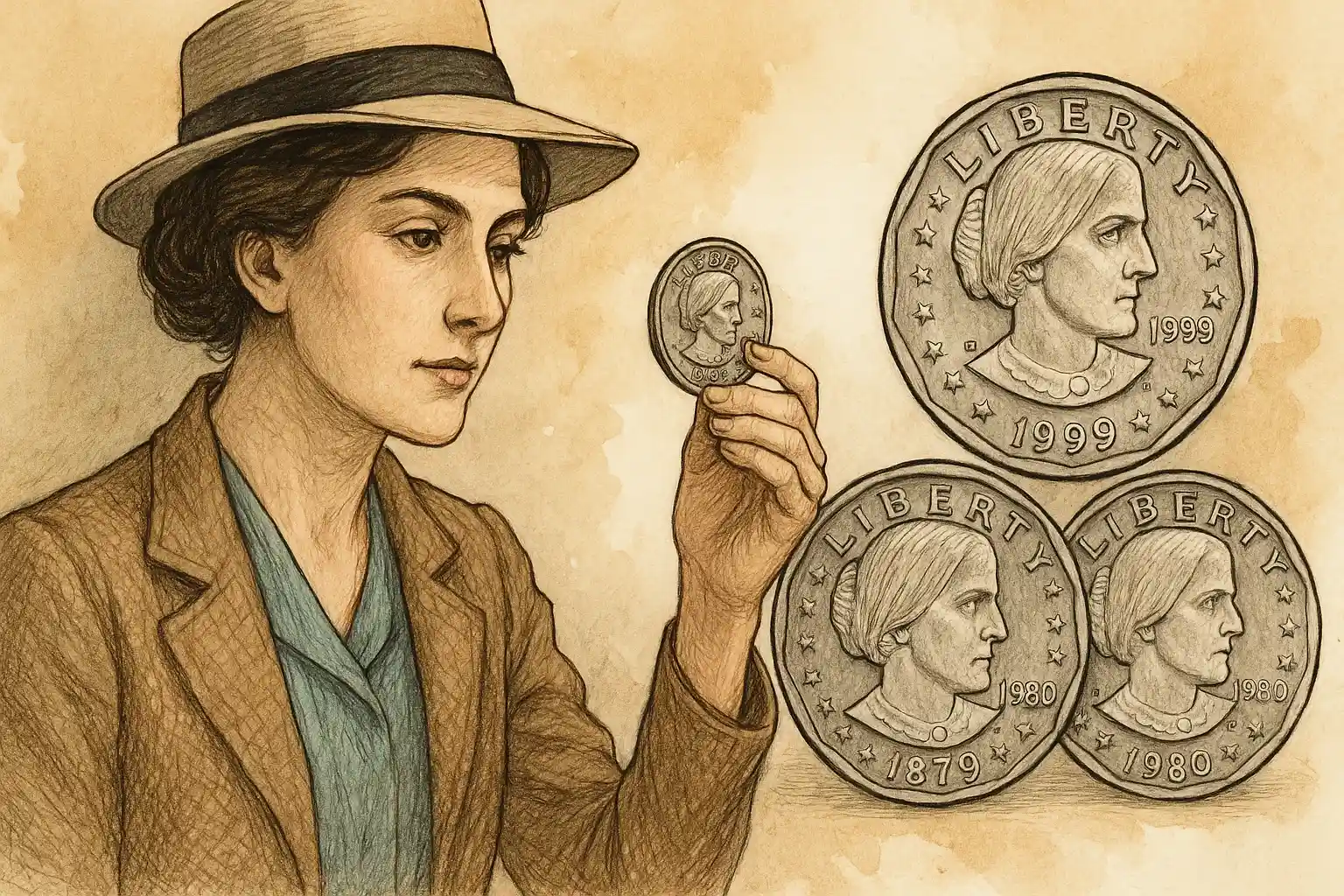  A coin collector compares different issues of an SBA dollar