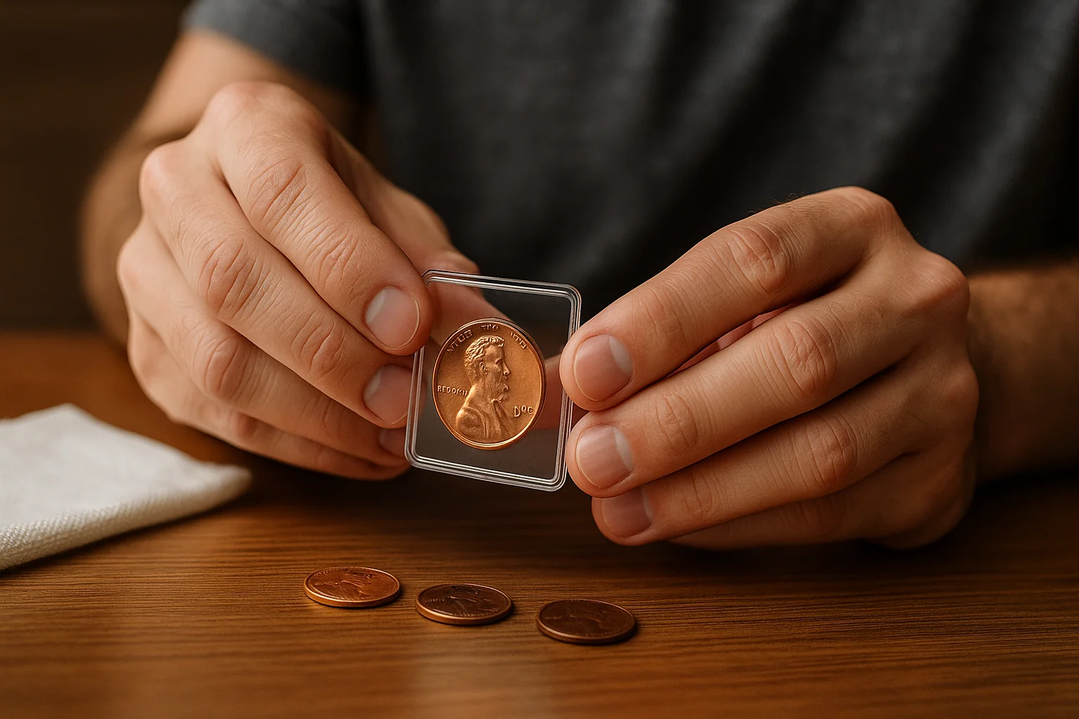 A collector carefully stores a bright 1964 Lincoln cent in a clear holder, preserving its original red surface and luster.