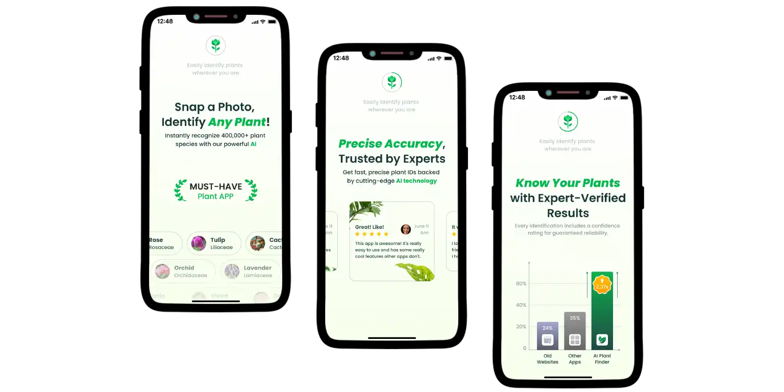 AI Plant Finder promo screens.